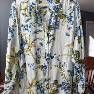 J Joie 100% Linen Floral Button-Up Shirt with Blue and Green Patterns